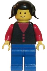 Female with button shirt Minifigure - Minifigure with a red shirt with 3 buttons and red arms, blue legs, and black pigtails hair - but026
