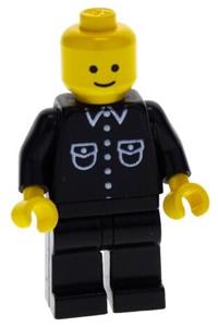 Male with button shirt Minifigure - Minifigure wearing a black shirt with 6 buttons, black legs, and a white hat - but027