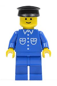 Male with button shirt Minifigure - Minifigure wearing a blue shirt with 6 buttons, blue legs, and a black hat - but028