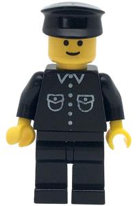 Boat Captain Minifigure - Minifigure wearing a black shirt with 6 buttons, black legs, and a black hat - but029