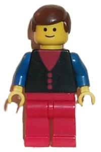Male with button shirt Minifigure - Minifigure with a red shirt with 3 buttons, blue arms, red legs, and brown male hair - but030