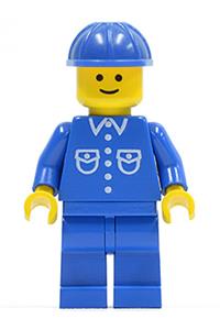 Construction Worker Minifigure - Minifigure wearing a blue shirt with 6 buttons, blue legs, and a blue construction helmet - but031