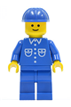 Minifigure wearing a blue shirt with 6 buttons, blue legs, and a blue construction helmet - but031