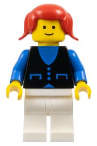 Shirt Minifigure - Minifigure wears a blue shirt with 3 buttons, white legs, and has red pigtails hair - but034