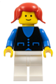 Minifigure wears a blue shirt with 3 buttons, white legs, and has red pigtails hair - but034
