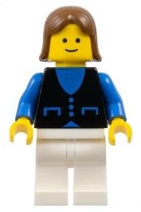 Female with button shirt Minifigure - Minifigure wearing a blue shirt with 3 buttons, white legs, and brown female hair - but035