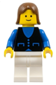 Minifigure wearing a blue shirt with 3 buttons, white legs, and brown female hair - but035