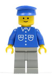 Male with button shirt Minifigure - Minifigure wearing a blue shirt with 6 buttons, light gray legs, and a blue hat - but037