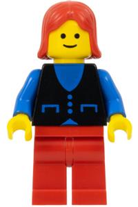 Female with button shirt Minifigure - Minifigure wearing a blue shirt with 3 buttons, red legs, and red female hair - but038