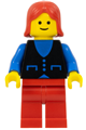 Minifigure wearing a blue shirt with 3 buttons, red legs, and red female hair - but038