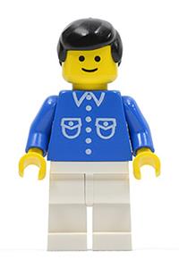 Male with button shirt Minifigure - Minifigure with blue shirt with 6 buttons, white legs, and black male hair - but039