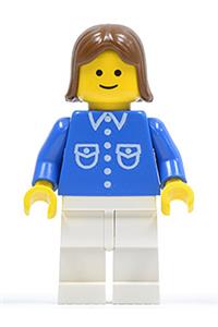 Female with button shirt Minifigure - Minifigure with blue shirt with 6 buttons, white legs, and brown female hair - but040