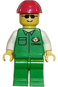 Cargo Worker Minifigure - Cargo Worker wearing a green shirt with green legs and topped off with a red construction helmet - car002