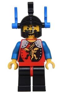 Dragon Knight Minifigure - Knight 2 of the Dragon Knights with black legs paired with red hips, wearing a black dragon helmet adorned with blue plumes - cas015