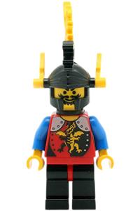 Sir Lance Minifigure - Knight 2 from the Dragon Knights faction, with black legs with red hips, wearing a black dragon helmet and yellow plumes - cas018