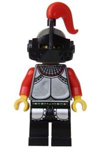 Knight Minifigure - Knight 1 from Knights' Kingdom I, wearing a dark gray helmet with a black visor - cas036
