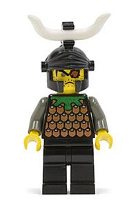 Gilbert the Bad Minifigure - Gilbert the Bad from Knights' Kingdom I wearing a black dragon helmet with a horn and no quiver - cas043