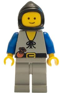 Peasant Minifigure - Peasant minifigure with light gray legs and a black hood - cas091