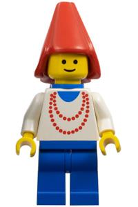 Maiden Minifigure - Maiden with a necklace wearing red cone hat, blue legs, and a plastic cape - cas095