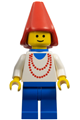 Maiden with a necklace wearing red cone hat, blue legs, and a plastic cape - cas095
