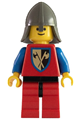 Minifigure with a crusader axe, red legs with black hips, dark gray neck-protector, and a blue plastic cape - cas111a