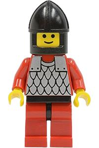 Black Knights Soldier Minifigure - Black Knights Soldier with red scale mail, red arms, red legs with black hips, and a black chin-guard - cas161