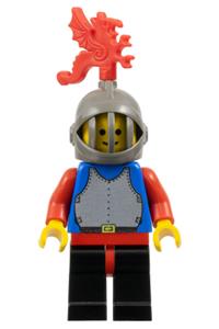 Blue Knight with Breastplate - Blue knight with red arms, wearing a dark gray grille helmet and red plume dragon, with black legs and red hips - cas179