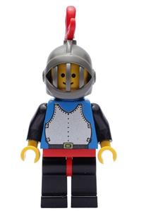 Blue Knight with Breastplate - Black Knight with blue breastplate and black arms, wearing black legs with red hips, a dark gray grille helmet, red plume, and blue plastic cape - cas181