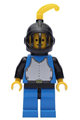 Blue Knight with blue breastplate, black arms, blue legs with black hips, black grille helmet, yellow feather, and black plastic cape - cas182