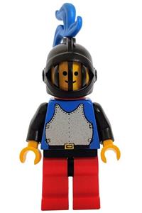 Crusader Knight Minifigure - Crusader Knight with blue breastplate, black arms, red legs with black hips, black grille helmet, blue plume, and red plastic cape - cas184