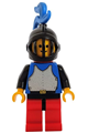 Crusader Knight with blue breastplate, black arms, red legs with black hips, black grille helmet, blue plume, and red plastic cape - cas184