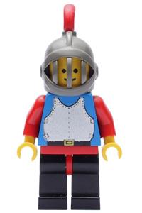 Blue Knight with Breastplate - Minifigure wearing a blue breastplate with red arms, black legs with red hips, and a dark gray grille helmet with red plume - cas186