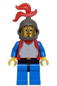Red Knight with Breastplate - Minifigure with red breastplate and blue arms, blue legs with black hips, wearing a dark gray grille helmet and a red plume - cas189