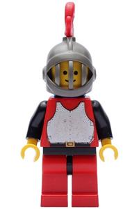 Red Knight with Breastplate - Minifigure with red breastplate and arms, red legs with black hips, dark gray grille helmet, red plume, and blue plastic cape - cas193