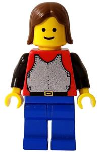 Peddler Minifigure - Minifigure with red breastplate, black arms, blue legs, and brown hair - cas197