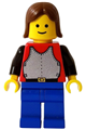 Minifigure with red breastplate, black arms, blue legs, and brown hair - cas197