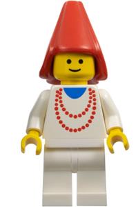 Maiden Minifigure - Maiden with necklace wearing a red cone hat and white legs - cas216