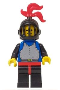 Black Knight with Breastplate - Black Knight with black arms and legs, wearing a black grille helmet with a red plume, and a blue plastic cape - cas218