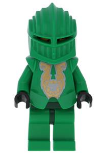Rascus Minifigure - Rascus from Knights Kingdom II with gold pattern armor, plain torso, dark green hips, and helmet - cas266