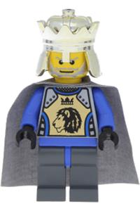 King Mathias Minifigure - King Mathias from Knights Kingdom II wearing a light bluish gray cape, resembling a chess king - cas274