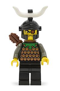 Gilbert the Bad Minifigure - Gilbert the Bad from Knights' Kingdom I with a black dragon helmet, horn, and quiver - cas279