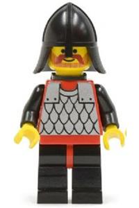 Scale Mail Guard Minifigure - Guard with a red torso, black arms, black legs with red hips, black neck-protector, and a black plastic cape - cas318