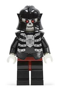 Skeleton Warrior Minifigure - Skeleton warrior from Fantasy Era with white head, black breastplate, helmet, dark red hips, and black legs - cas330
