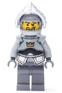 Crown Knight Minifigure - Crown Knight with breastplate, helmet, visor, curly eyebrows, goatee, dark bluish gray hips, and legs - cas335