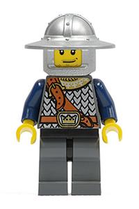 Guard Minifigure - Crown Knight in Fantasy Era attire with scale mail, helmet with broad brim, smirk, and stubble beard - cas336