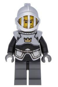Crown Knight Minifigure - Knight from Fantasy Era wearing a plain crown, breastplate, grille helmet, and vertical cheek lines - cas340