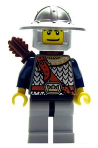 Guard Minifigure - Fantasy Era Crown Knight in Fantasy Era with scale mail, chest strap, broad brim helmet, dual-sided head, and dark bluish gray legs with quiver - cas344