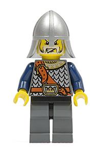 Guard Minifigure - Crown Knight from Fantasy Era with scale mail, helmet with neck protector, and a white moustache and beard - cas348