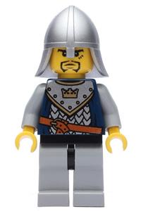 Guard Minifigure - Crown Knight from Fantasy Era with scale mail, crown, helmet with neck protector, and 3 spots under left eye - cas349
