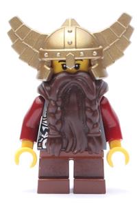Fantasy Era - Dwarf, Dark Brown Beard, Metallic Gold Helmet with Wings, Dark Red Arms, Smirk and Stubble Beard cas356